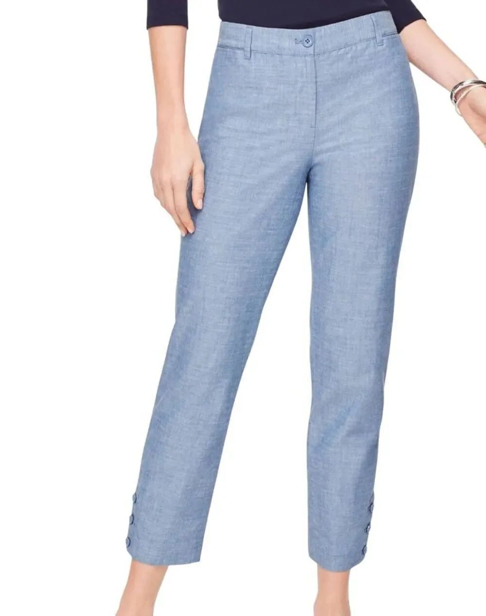 Talbots Pants Women's 16 Blue Perfect Crop Chambray Cotton Button Hem